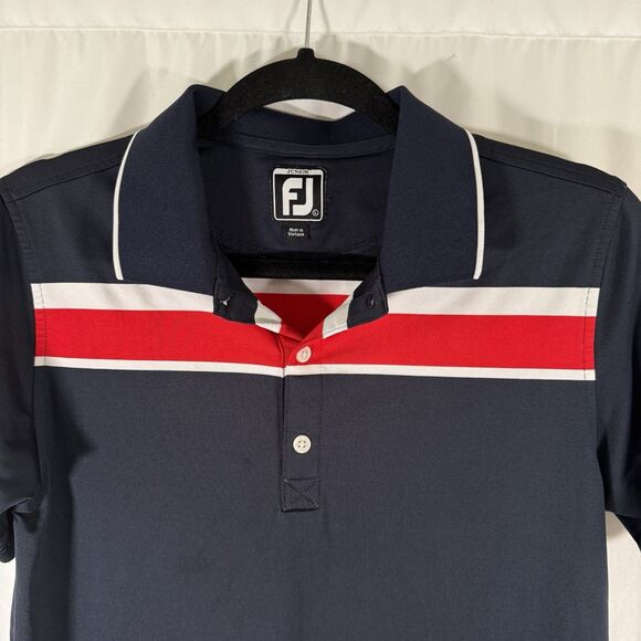 Footjoy Golf Polo Juniors Large Navy Blue Striped Short Sleeve 1/4 Button Tech - Picture 2 of 9